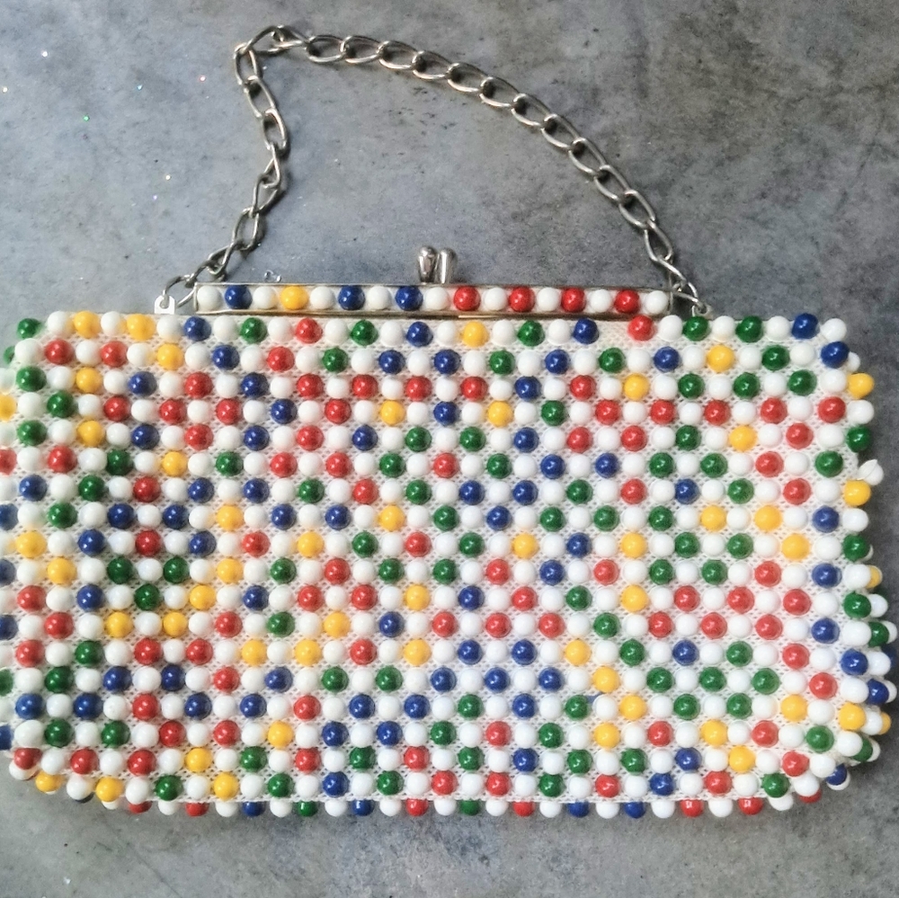 Vintage 1950's Bubble Beads Purse Yellow, Red, & Geen Handbag - Picture 5 of 12